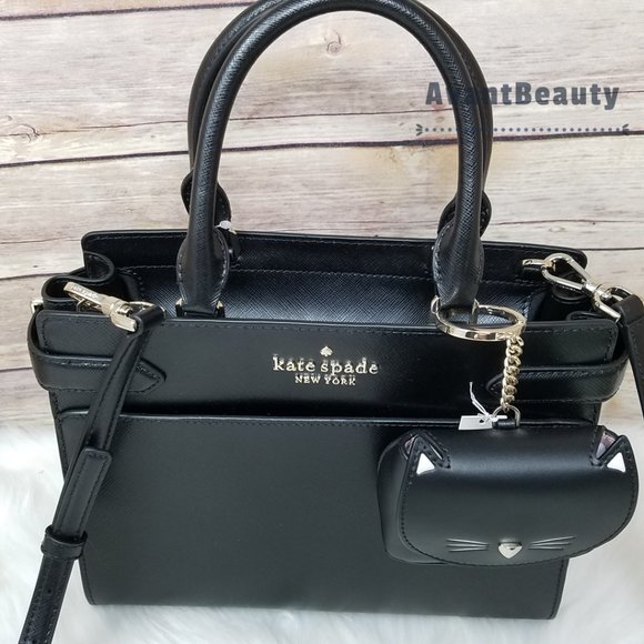 Kate Spade New York Staci Medium Satchel Black Crossbody With Cat Meow Key Fob - Picture 12 of 15